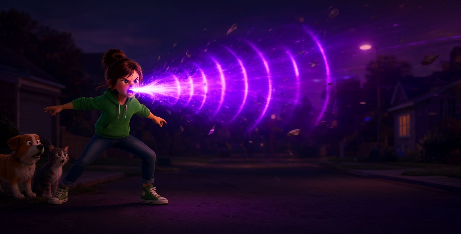 A girl shouts a glowing purple sound wave down a dark street as her dog and cat watch.